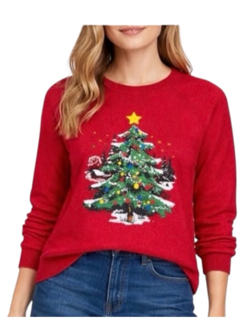 Sable Sky Women's Red Christmas Light-Up Tree Crewneck Fleece Sweater Size XXL